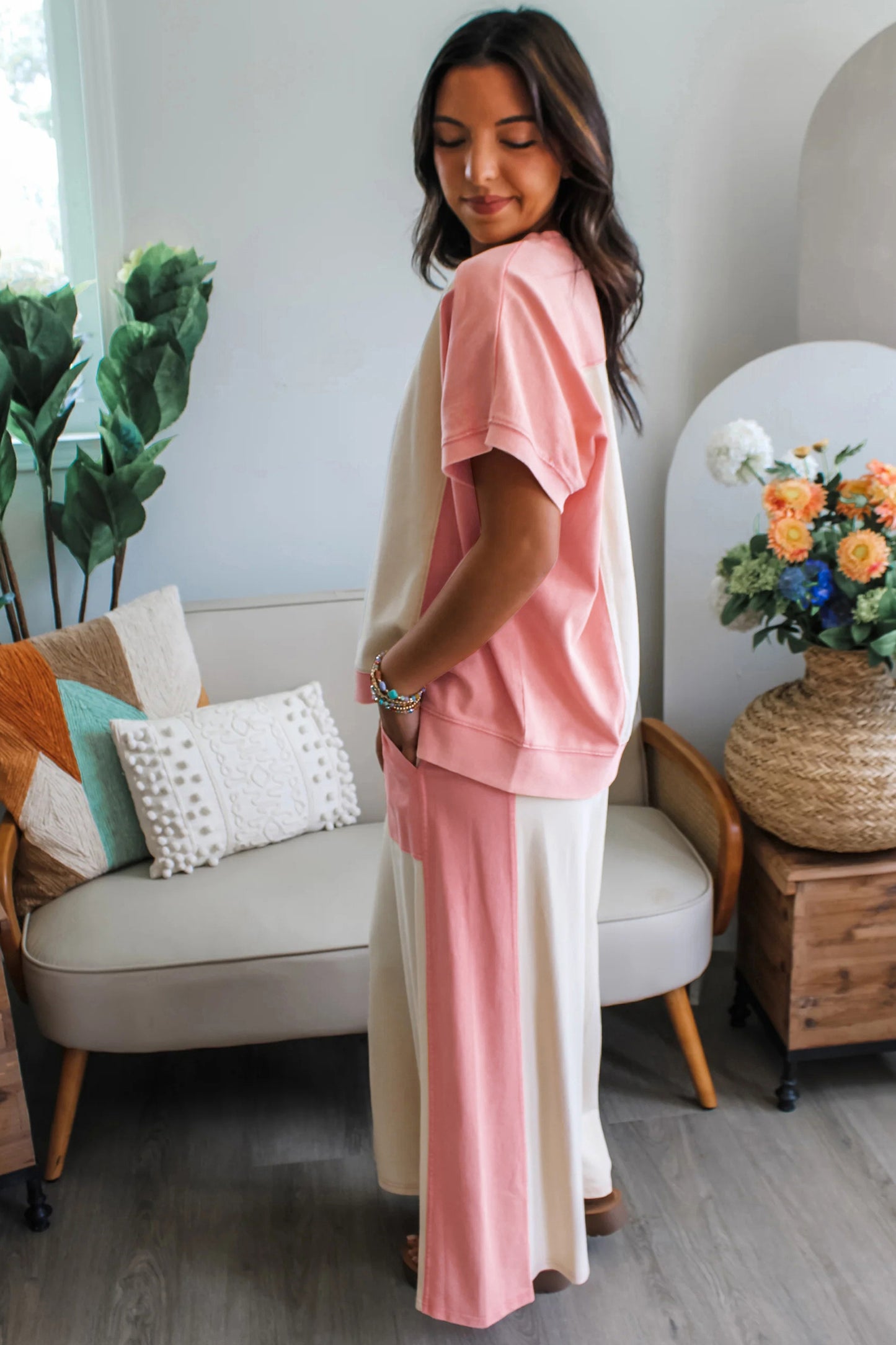 Pink Cloud Patchwork Tee Drawstring Loose Pant Set