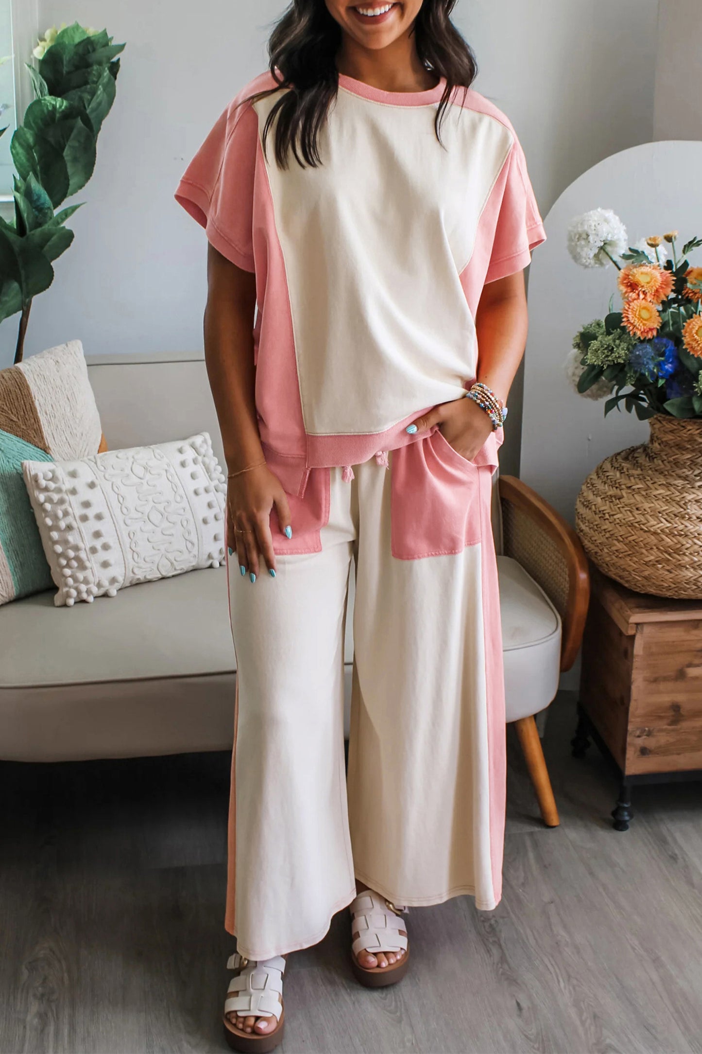 Pink Cloud Patchwork Tee Drawstring Loose Pant Set