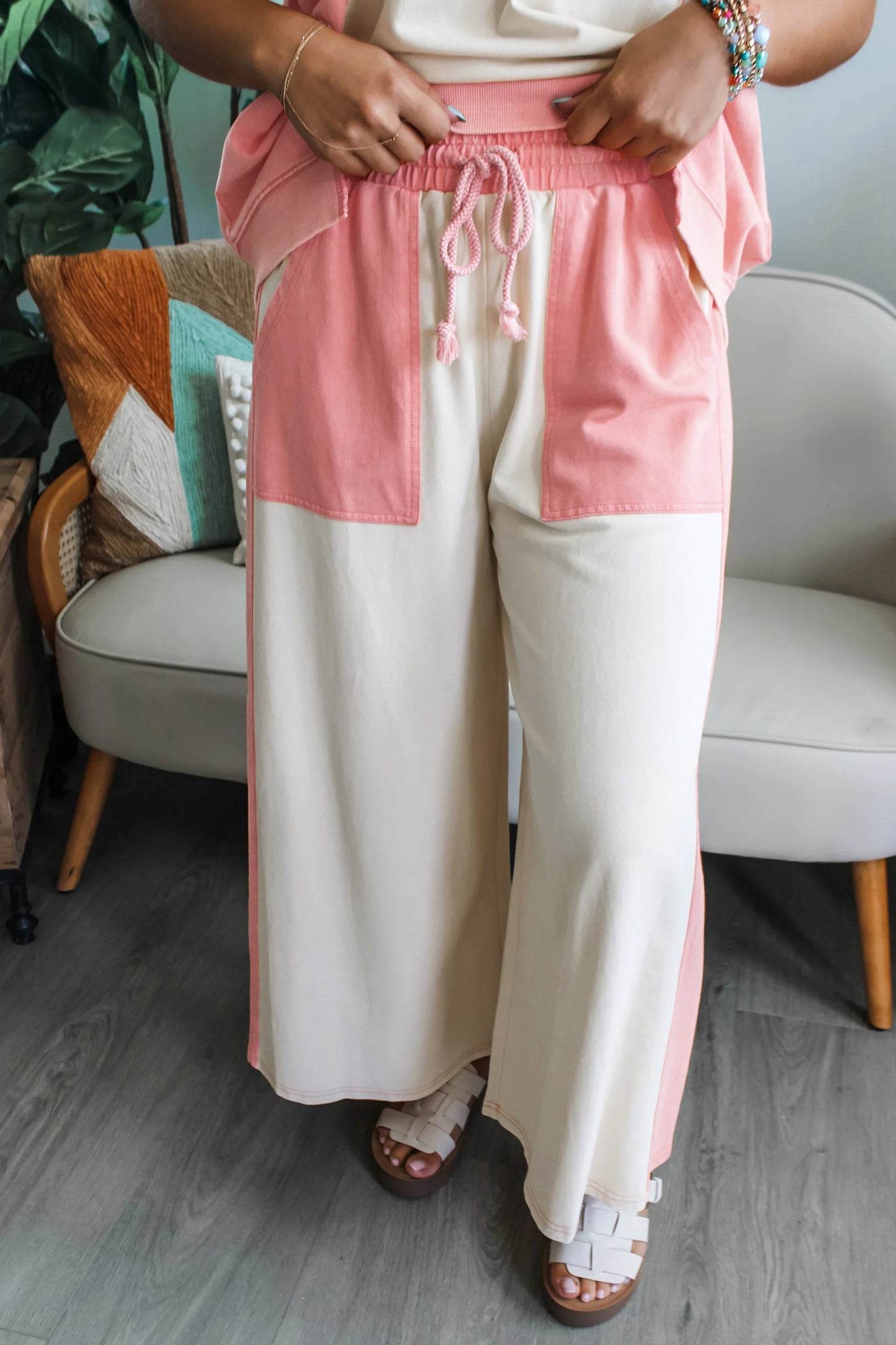 Pink Cloud Patchwork Tee Drawstring Loose Pant Set